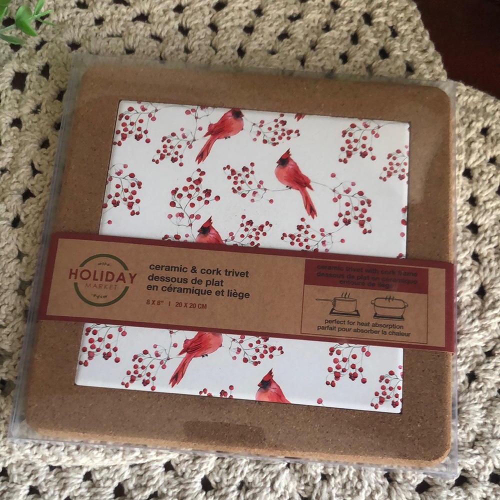 Ceramic & Cork Trivet with Red Cardinals